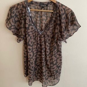 Express Sheer Leopard Animal Print Beaded V Neck Flutter Sleeve Blouse Top M Med